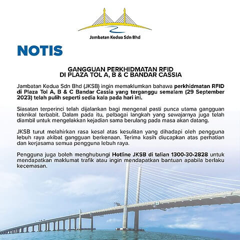 Notis Gangguan Perkhidmatan Rfid  Di Plaza Tol A, B & C Bandar Cassia | 30 September 2023