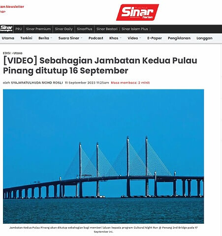 Sebahagian Jambatan Kedua Pulau Pinang ditutup 16 September