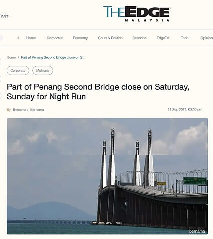 Part of Penang Second Bridge close on Saturday, Sunday for Night Run