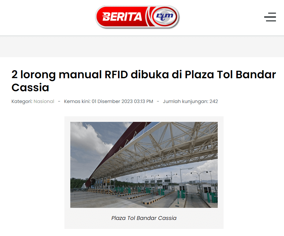 2 lorong manual RFID dibuka di Plaza Tol Bandar Cassia