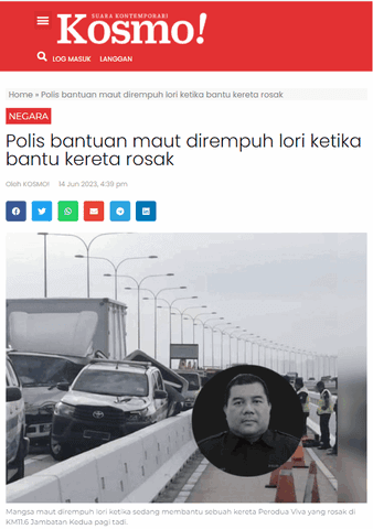 Polis bantuan maut dirempuh lori ketika bantu kereta rosak