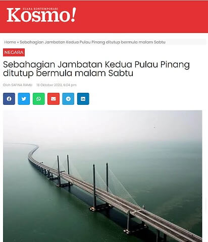 Sebahagian Jambatan Kedua Pulau Pinang bermula malam Sabtu