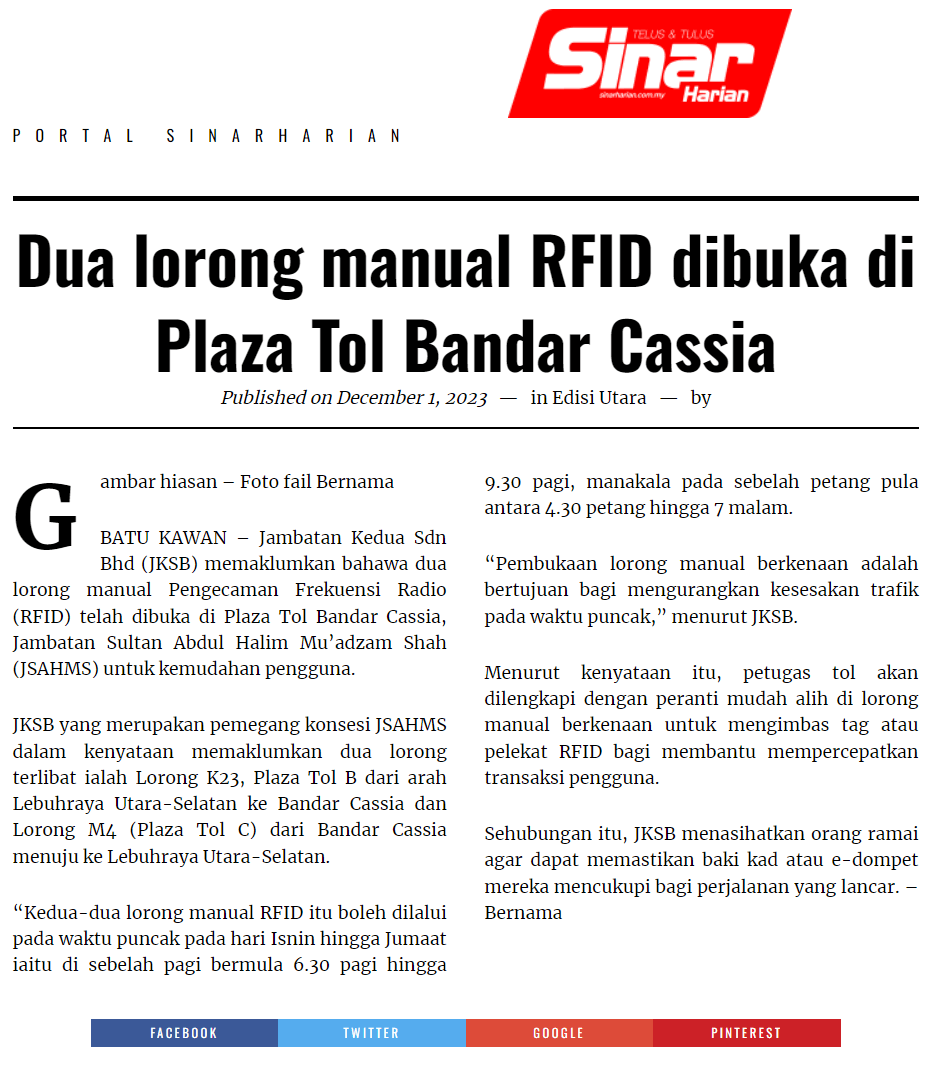 Dua lorong manual RFID dibuka di Plaza Tol Bandar Cassia